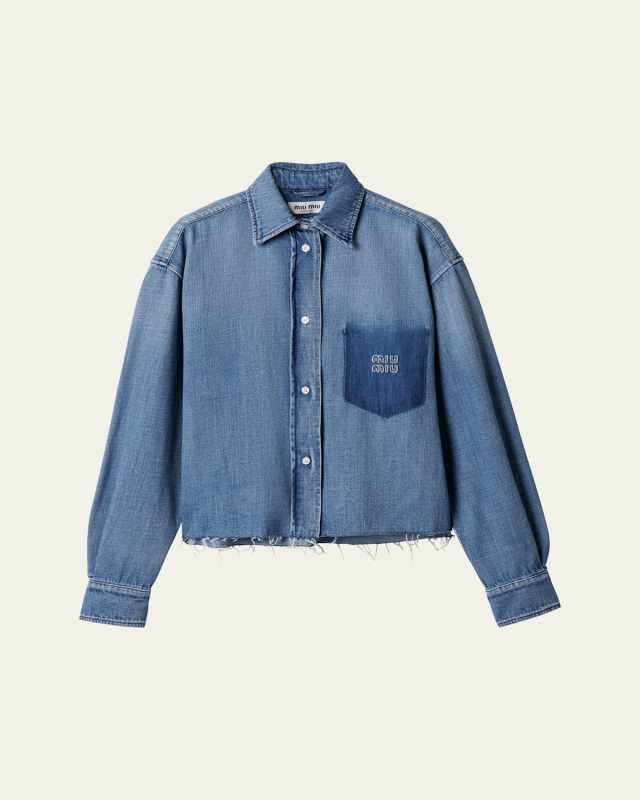 Denim Long-Sleeve Crop Button-Down Shirt